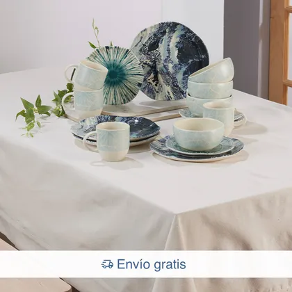 Combo Vajilla Corona Atlantia 4 puestos 16 piezas + Mantel Sostenible Celeste Crudo