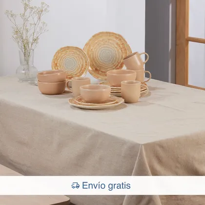 Combo Vajilla Corona Kai 4 puestos 16 piezas + Mantel Sostenible Camel