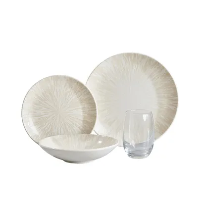 Combo Vajilla Corona Nyssa 4 puestos 12 piezas + 6 vasos Mikonos
