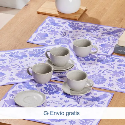 Combo Set de Café / Té Concreto 4 puestos 8 piezas + 4 Individuales Felicidad