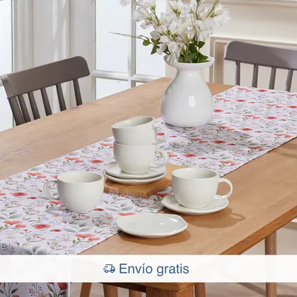 Combo Set de Café / Té Orión 4 puestos 8 piezas + 1 Camino de mesa Primavera 280X40cm