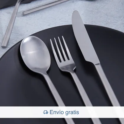 Combo Vajilla Ébano Negro 4 puestos 16 piezas + Set 20 Cubiertos Gobi Plata Mate