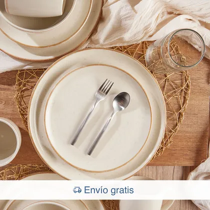 Combo Vajilla Caoba Beige 4 puestos 16 piezas + Set 20 Cubiertos Gobi Plata Mate + Set 6 V