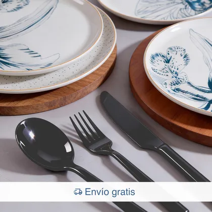 Combo Vajilla Cattleya 4 puestos 16 piezas + Set 20 Cubiertos Gobi Negro
