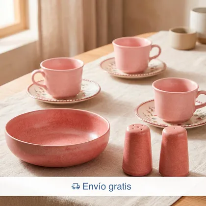 Combo Set de Café / Té Malena 4 puestos 8 piezas + Ensaladera + Salero + Pimentero Rosé