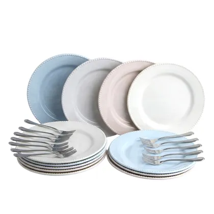 Combo Set 12 Platos Pandos Perla Surtido + 12 Tenedores Ensalada