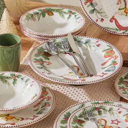 Combo Vajilla Dulce Navidad 4 Puestos 16 Piezas + Set 20 Cubiertos Gobi Plata Mate