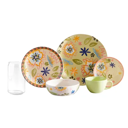 Combo Vajilla Nara 4 Puestos 20 Piezas + Set 6 Vasos Lata Cristar