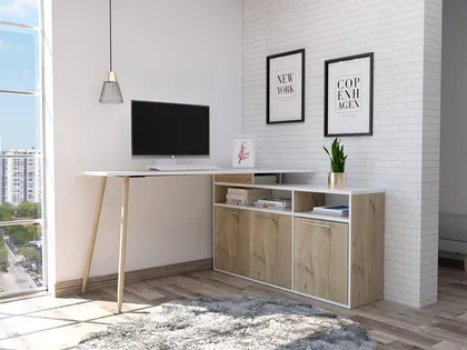 Escritorio En L Singapur, Fresno Europeo y Blanco, con Tres Puertas Batientes