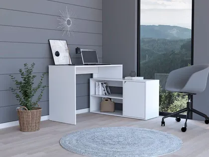 Escritorio En L Wuhan, Blanco, con Múltiples Entrepaños Para Ubicar Objetos y Una Puerta A