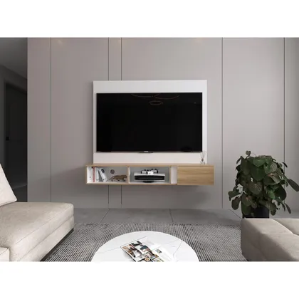 Panel para TV Light, Blanco Duqueza y Fresno Europeo, con espacio pata Televisor de 65"