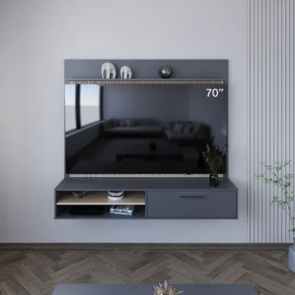 Panel de Tv Hober, Plata Oscuro y Bardolino, Con espacio para televisor desde 55" hasta 70