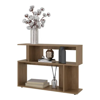 Mesa Auxiliar Asimetrica, Kronos Fresno Europeo, con espacio para ubicar objetos decorativ