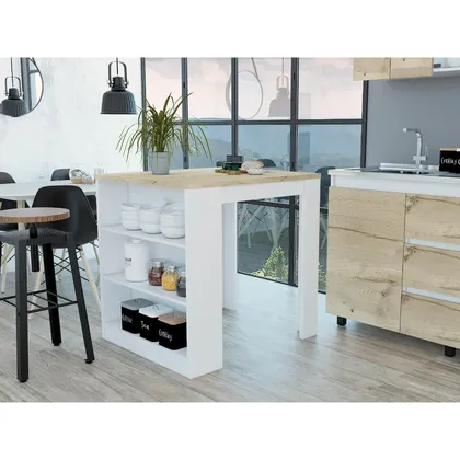 Mesa Auxiliar Mayer, Blanco y Café Claro, con Amplia Supeicie En La Mesa y Tres Entrepaños