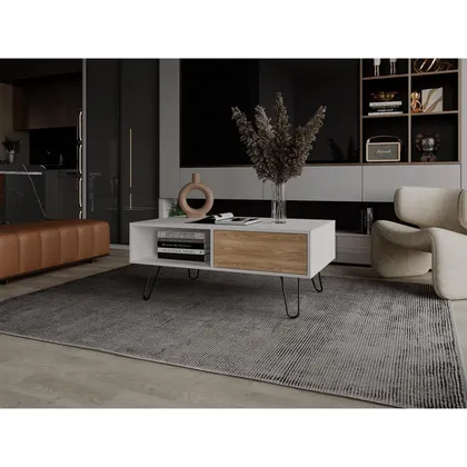 Mesa de Centro Tory, Blanco y Fresno Europeo, con amplio espacio para elementos decorativo