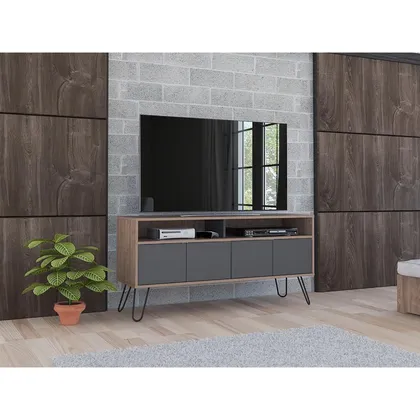 Mesa Para Tv Lara, Fresno Europeo y Plata Oscuro, Para Televisor de 55 Pulgadas