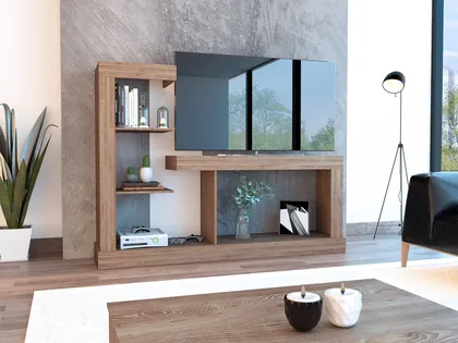 Mesa Para Tv Samir, Fresno Europeo y Blanco, con Espacio Para Televisor de Hasta 55 Pulgad