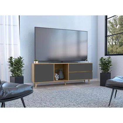 Mesa Para Tv Nashira, Fresno Europeo y Plata Oscuro, con Espacio Para Televisor de Hasta 6