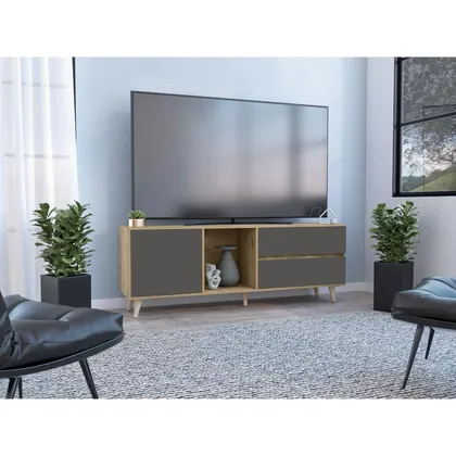 Mesa Para Tv Nashira, Fresno Europeo y Plata Oscuro, Con Espacio Para Televisor de Hasta 6