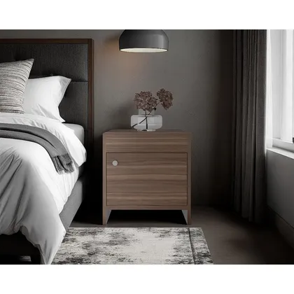Mesa de Noche Tutto, Avellana y Blanco, Con Un Cajón Amplio Ideal Para Espacios Pequeños