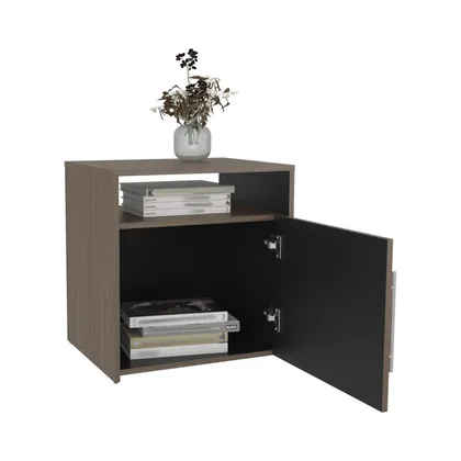 Mesa de Noche Montano, Avellana y Wengue, con un cajón y espacio para colocar objetos deco