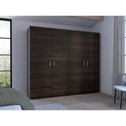 Closet Light 230, Nogal y Wengue, Con Dos Cajones y Cuatro Puertas