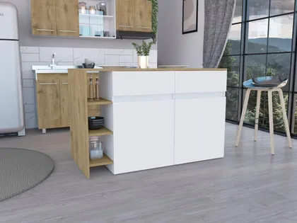 Barra de Cocina Polux, Blanco Vainilla Y Beige , con Amplia Superficie Superior y Entrepañ