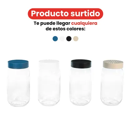 Frasco de vidrio redondo con tapa 1L colores surtidos