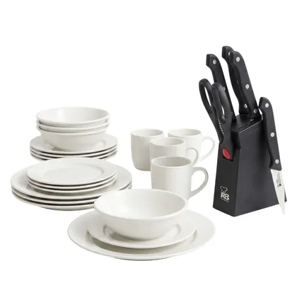 Combo Vajilla en Melamina Clasica Blanca Redonda 16 Piezas + Juego 6 Piezas (4 Cuchillos,