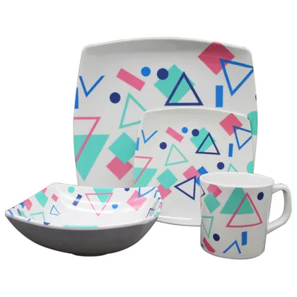 Vajilla en Melamina Aster Blanca con Diseño de Colores Rosa