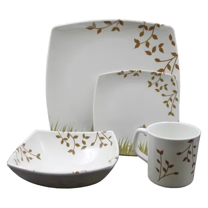 Vajilla Blanca Aster en Melamina con Diseño Hojas Cafes