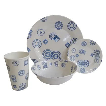 Vajilla Clasica en Melamina Blanca con Diseño Azul