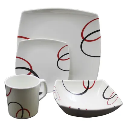 Vajilla en Melamina Aster Blanca con Diseño Ondas Rojas y Negras
