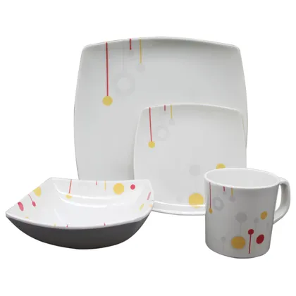 Vajilla en Melamina Aster Blanca con Diseño Amarillo y Rojo