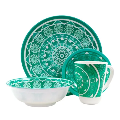 Vajilla en Melamina Clasica Verde Redonda con Diseño Blanco