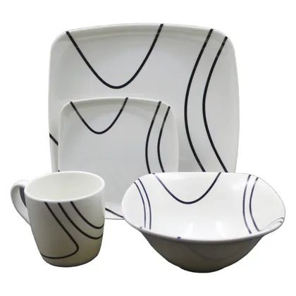 Vajilla en Melamina Primavera Blanca Diseño Lineas Negras