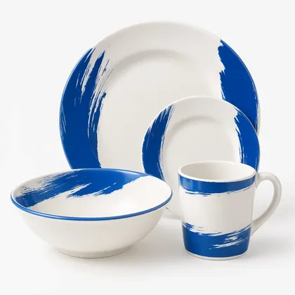 Vajilla en Melamina Clasica Blanca Pinceladas Azules 16 Piezas