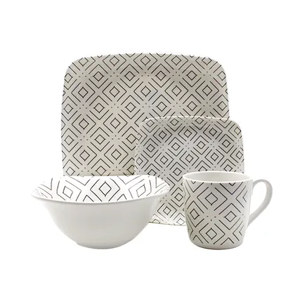 Vajilla en Melamina Primavera Blanca Lineas Negras Borde Cuadrado 16 Piezas