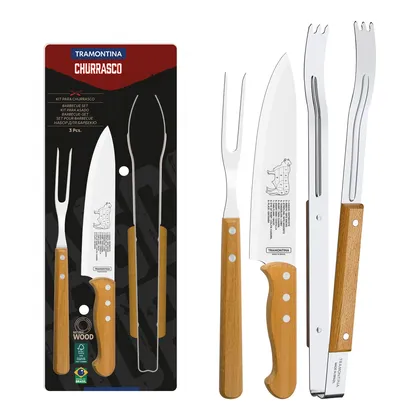 Juego para Asado Tramontina con Láminas de Acero Inoxidable y Mangos de Madera Natural, 3