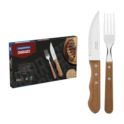 Juego para asado Tramontina Dynamic con láminas en acero inoxidable y mangos de madera nat