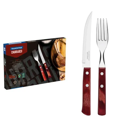 Juego de cubiertos para asado Tramontina de acero inoxidable con mango rojo polywood, 12 p