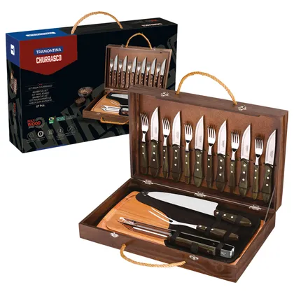 Kit para asado Tramontina con Cubiertos Jumbo de Acero Inoxidable, Mango Castaño Polywood
