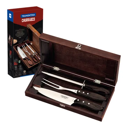 Kit para Asado Tramontina de Acero Inoxidable con Mango Castaño Polywood con Estuche de Ma