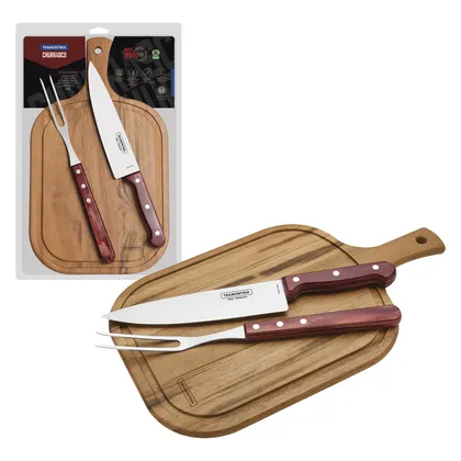 Kit para Asado Tramontina con Láminas de Acero Inoxidable y Mango Polywood Rojo con Tabla