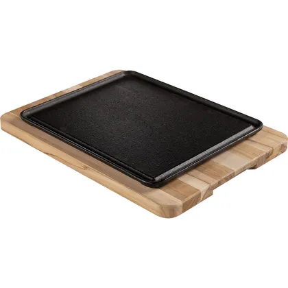 Parrilla Mixta de Hierro Fundido Rectangular con Base de Madera de Tropical con Acabado Li