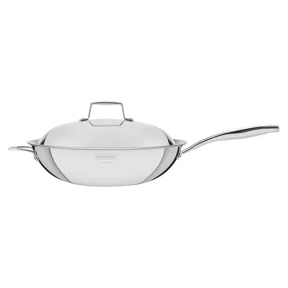 Wok Tramontina Grano de acero inoxidable cuerpo triple con tapa mango 32 cm 5,2 L