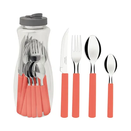 Tramontina Gamboa 16-Piece Flatware Set with Stainless-Steel Blades and Red Polypropylene